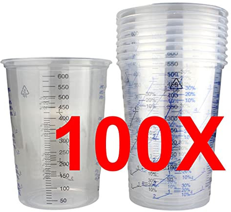 Alex Flittner Designs Mischbecher 100x Messbecher 600ml für Autolack Klarlack 2:1 3:1 4:1 Mischskala