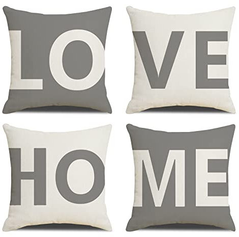 MYCDXE Dekorativ Kissenbezüge 4er Set Love Home Kissenbezug Kissenhülle Baumwolle Leinen Werfen Sie Kissenbezüge 45x45cm Grau