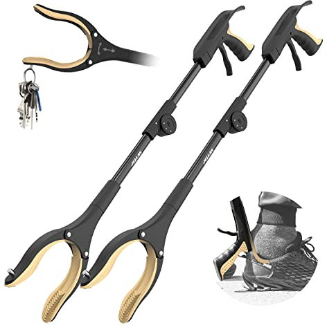 JELLAS Pinza Larga, 81cm Alcance Objetos Mango Ligero de Aluminio y Puntas Magnéticas, Cabezal Plegable Giratorio de 360 ° para Recoger Basura, para Diversidad Funcional 2 Paquete (Dorado)