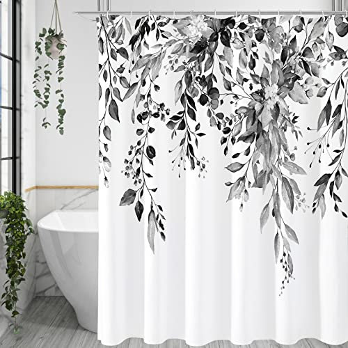 Gibelle Tenda da doccia in eucalipto bianco e nero, foglie di piante ad acquerello grigie con motivo floreale, set con ganci, 182 x 183 cm