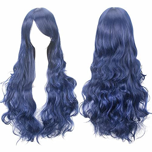 YEESHEDO Dunkel blau Cosplay Perücke für Frauen Langes Gewelltes Haar Synthetische Perücken mit Pony für Halloween Party Kostüm Anime 32 Zoll 80 cm