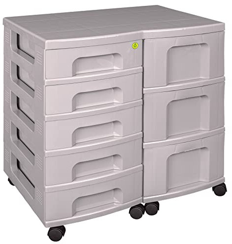 Really Useful Plastic Storage Box Storage Tower Double Top with 5x7 Litre + 3x12 Litre Recycled Dove Grey Frame with Drawers