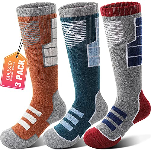 Anlisim Kids Merino Wool Ski Socks for Girls Boys Teen Thermal Winter Warm Thick Hiking Knee High Socks Stocking Stuffers for Skiing Snowboarding (Red/Orange/Green A, 8-12 Y)