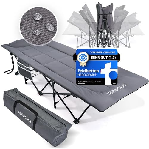 HEROGEAR Feldbett klappbar mit bequemer Baumwollfüllung [integriertes Kissen & Matratze] Gästebett Campingbett Strandliege Gartenliege Reisebett Erwachsene Faltliege Klappbett | 190 x 67 cm