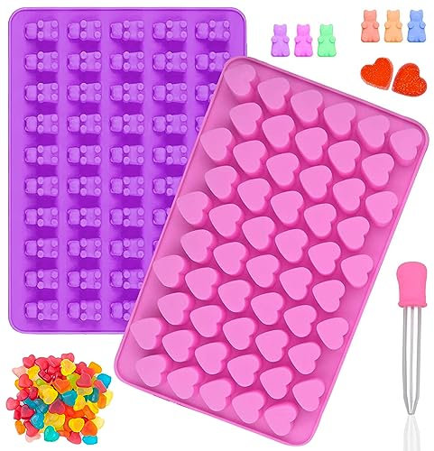2 Pcs Moule Bonbon Silicone en Forme D'ours en Gélatine Moules à Bonbons Coeur à Gummy,Moule à Bonbons en Silicone avec Compte-gouttes,Moules à Forme de Oursons pour Chocolat, Fudge, Bonbons, Biscuits
