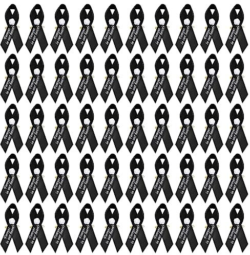 WANDIC Schwarzes Satinband mit Rose, 50 Stück Gedenkband in Forever in Our Hearts Bänder für Beerdigung Veranstaltung Trauer Gedenkdienst