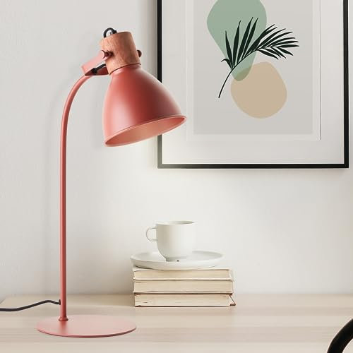 Lightbox Tischlampe mit 52 cm Höhe - skandinavische Tischleuchte mit schwenkbarem Kopf - Schalter - E27 Fassung - max. 40 W - aus Metall/Holz aus Kautschukbaum - in rot/braun