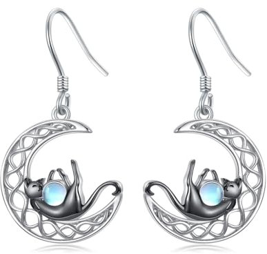 POPLYKE Schwarze Katze Ohrringe für Frauen Sterling Silber Keltische Mond Ohrringe Tierschmuck Geschenk für Mädchen (Schwarze Katze)