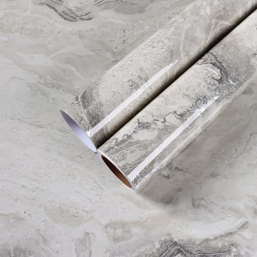 CHIHUT 30''x118'' Extra Wide Marble Contact Paper for Countertops Waterproof Beige Silver Liquid Marble Wallpaper Peel and Stick Removable Self Adhesive Glossy Marble Paper for Kitchen Cabinets Walls