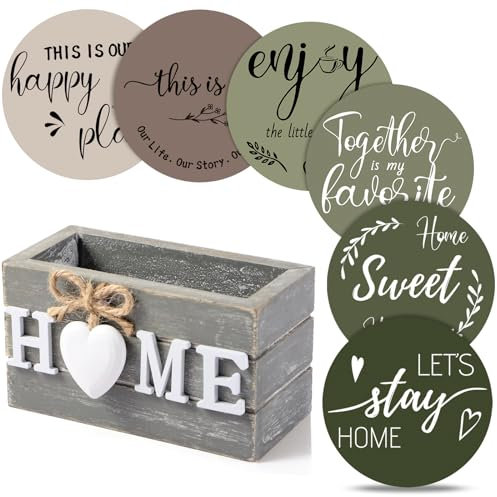 Queekay Housewarming Gifts for Home Decoration Wooden Heart Coasters for Drinks 6 Set Farmhouse Coasters with Holder Funny for Family Coffee Table Protection, 4''(Green,Home)