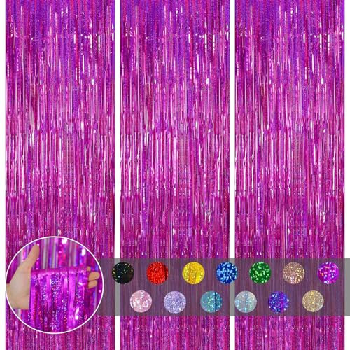 3pcs Tinsel Curtain Hot Pink Glitter Foil Door Backdrop, 3.2ftx6.5ft Fringe Streamers Shimmer Tassel Decorations for Girls Birthday Hen Barbie Party