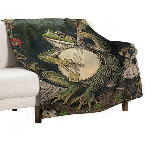 Vintage Frosch Banjo Überwurfdecke, Premium Decke, super weich, gemütlich, warm, Bettdecke, Couch, dekorative Überwurfdecken für Wohnzimmer, Schlafzimmer, Wohnheim