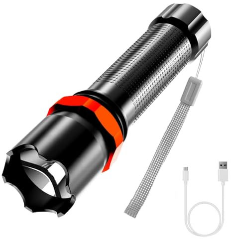 Linterna LED Recargable, Linterna LED Portátil, Linternas LED Alta Potencia, USB Mini Linterna LED, Linterna de Mano Impermeable Enfoque Ajustable para niños, Camping, Senderismo, Emergencia, 3 Modos