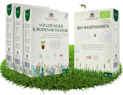 Gartenkorn Bio Rasen Set mit Dünger & Rasensamen für 30m² - Grassamen mit Langzeit Volldünger & Bodenaktivator für Lücken & Rasen Nachsaat, organisch & vegan, unbedenklich für Kinder und Haustiere