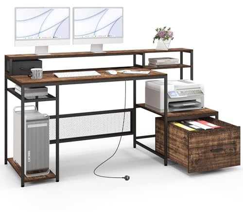 COSTWAY 170CM Home Office Computer Desk, Wooden Study Table Writing Workstation with Monitor Stand, Storage Shelves, Power Outlets & USB Ports, Large PC Laptop Table Gaming Desk