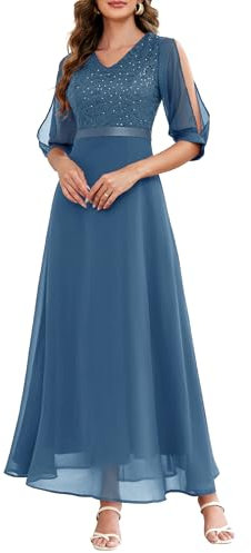 Wedtrend Lange Abendkleider mit Ärmel Elegant Abendkleider Spitzenkleid Abendkleider Elegant für Hochzeit Abendkleider mit Gürtel Lang Dunkelgrün Kleider WT0317 Greyblue XL