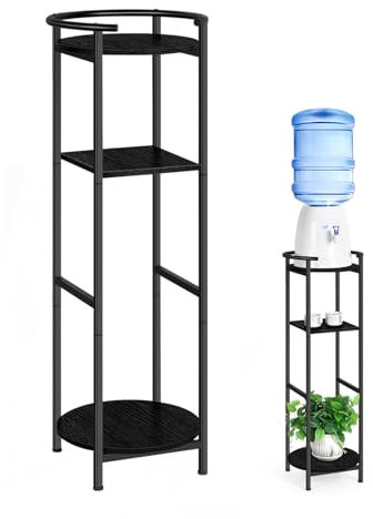 OYEAL 3-Tier Water Bottle Jug Holder with 2 Storage Shelves & Plant Shelf, Black MDF & Metal Stand for Water Dispenser, Filter Bottle, Crock Dispenser, Plants