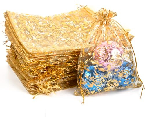 CLTPY 100 PCS Organzasäckchen Gold Rose Muste Organzabeutel Schmuckbeutel Geschenksäckchen Kordelzug Duftsäckchen Organza Säckchen für Hochzeit Weihnachten Gastgeschenke Süßigkeiten(15x20cm)