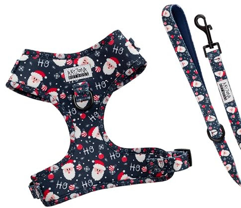 Hundegeschirr Weihnachten mit Leine für kleine Hunde | Arizona Hotdogs Softgeschirr Hohoho | Leine Nylon 1,5m | Weihnachtsmann (XS)