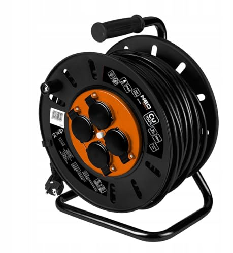 NEO TOOLS Kabeltrommel, 4 Steckdosen, 230 V - IP20 schwarz | Kabeltrommel/Kabeltrommel mit 4 Steckdosen, Mit Thermosicherung und Erdungsanschluss, Leistung: 3600 W 3 x 2,5 mm 30 m