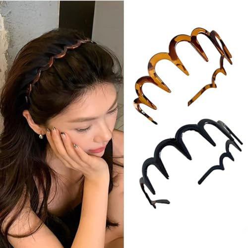 Cubahop 2pcs Zigzag Headband with Teeth Tooth Hairband Plastic Wavy Hair Comb Plastic Headband for Women Hair Accessories Black & Tort