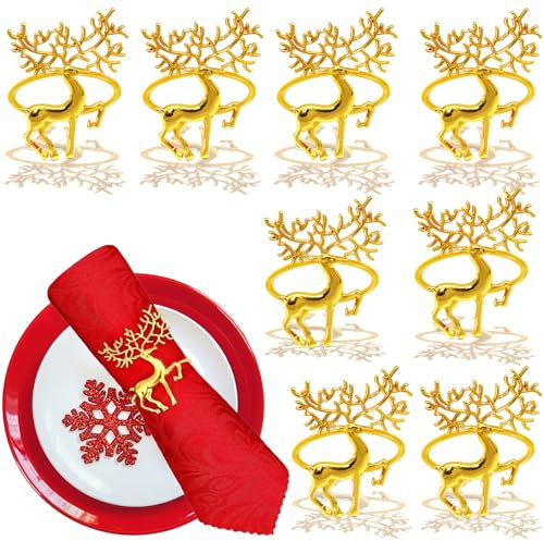 Serviettenringe Weihnachten Rentier, FainFun Serviettenhalter Rentier, 4CM Serviettenringe mit Hirsch, für Weihnachten Mittagessen Thanksgiving Party Urlaub Hochzeit Tischdekoration (Gold, 8)