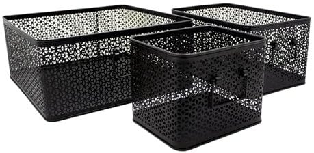 Box and beyond - Lot de 3 Paniers de Rangement - 32 x 32 x 14 cm - Métal Noir - Motif Cannage - Rangement, Déco - Cuisine, Séjour, Salle de bain, Salon, Chambre - Style Moderne et Chic