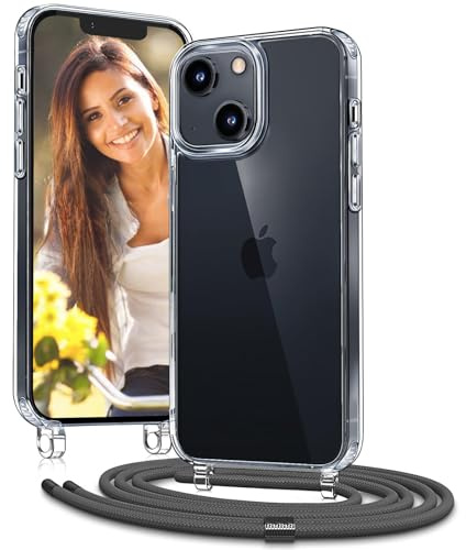Vaykwo Handykette mit Band für Apple iPhone 15 Hülle - Necklace Handyhülle - Transparente Case zum Umhängen mit Kameraschutz und Bildschirmschutz - Grau