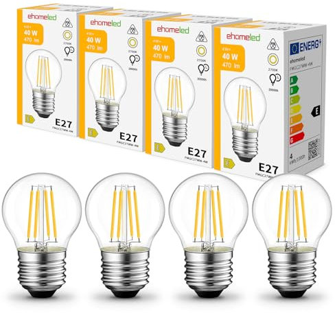 ehomeled E27 LED G45 Mini Glühbirne Warmweiß 2700K, Klares Glas & Retro-Filament, 470lm 4W (=40W), Vintage LED Lampe für Tisch- & Deckenleuchten, 4er-Pack