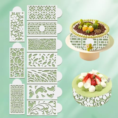EIYVPRA Ensemble de 10 Pochoirs pour Gâteaux Réutilisables, Pochoirs réutilisables en forme de fleur, Transparent et Décoratif avec Motifs de Dentelle Florale, Outil de décoration de gâteau(Modèle A)