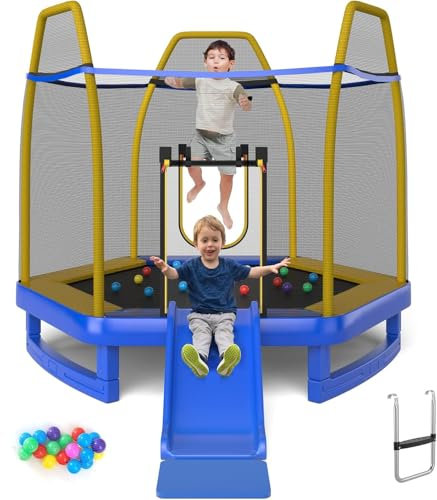 7 FT Kids Trampoline with Slide, 3 in 1 Recreational Trampoline with Galvanized Steel Frame & Safety Enclosure Net, Ladder, Indoor Outdoor Toddler Trampoline (Blue)
