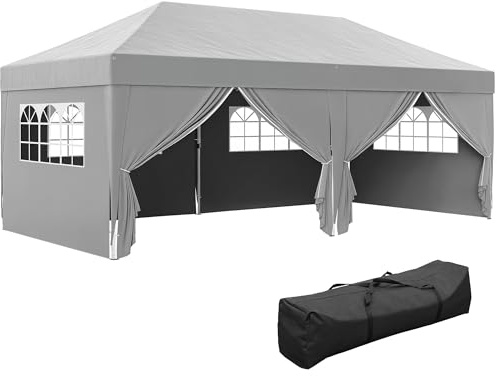 Outsunny Tonnelle de Jardin Exterieur tonnelle Pliante 3 x 6 m Pop-up avec 6 parois latérales, Trous de Drainage, Sac de Transport Inclus, Barnum Pliant pour Camping Festival Mariage, Gris