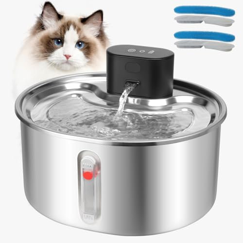 Edelstahl Katzenbrunnen Kabellos Trinkbrunnen für Katze, 3.2L Katzen Trinkbrunnen mit Bewegungsmelder ohne Strom und Akku 5000mAh, Leiser Katzen Trinkbrunnen Leicht zu reinigen BPA-frei, 2 Filter