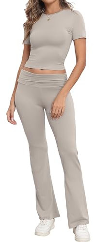 IWOLLENCE Lounge Set Damen Zweiteiler Hausanzug Kurzarm Oberteil mit Breitem Elastischem Hosenbund Schlaghose Loungewear Set (Taupe, M)