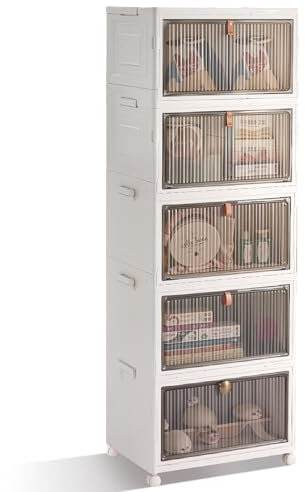 22L*5 Tier Stackable Storage Boxes with Lid, Flip-Door Plastic Storage Boxes on Wheels, Foldable Collapsible Plastic Drawers Folding Bins Containers for Home Wardrobe Office Organisation