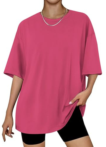 OYIGELZ T-shirt pour femme - Coupe ample - Manches courtes - T-shirt d'été basique - Col rond - Haut large - T-shirt d'entraînement en coton, Rose fluo/k1, L