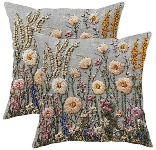 Spring Wild Flower Pillow Covers Set of 2,Gray Floral Embroidered Cushion Cases,Holiday Decor Square Farmhouse Style Throw Pillows for Sofa Bed Couch 20x20 Inch