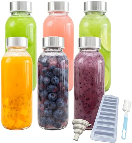 Yumzxin 6 Pack 280ml Glass Bottles with Lids, Reusable Water Bottles with Stainless Steel Cap for for Juicing Beverage Refrigerator Travel