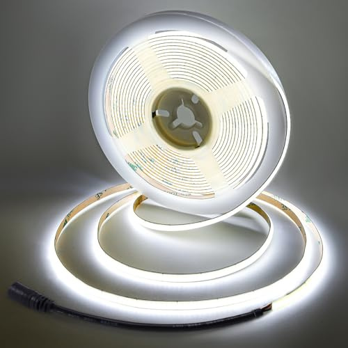 BERIXDEEP 5mm COB LED Streifen 12v 5m, 400 LEDs/m, 6000k, Ohne Netzteil | Dimmbar LED Streifen Kaltweiß, Durchgehend Licht für Unterschränke, Kleiderschränke, Wohnwand, 10w/m, 90lm/w, CRI 92