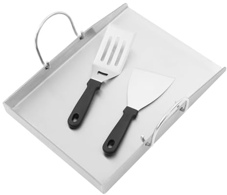 Edelstahl Grillplatte mit 2 Spateln – 40x30cm Plancha für Induktion, Gasgrill & Holzkohle – Rostfreie Teppanyaki Platte für Steak, Gemüse & BBQ – Inklusive Griffe & Vielseitiges Grillzubehör