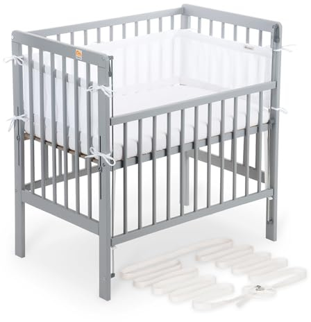 FabiMax Boxspring Baby Beistellbett Flex 90x55, aus Buchenholz grau lackiert, mit innovativem verstellbarem Seitengitter, passend für Boxspringbetten (Matratze Air, Weiß)