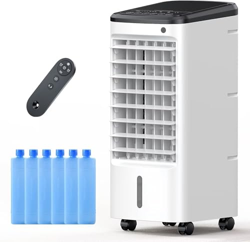 Enfriador de aire portátil sin ventanas con control remoto, unidad de CA sin conductos, enfriador de aire sin conductos, enfriador oscilante evaporativo silencioso sin manguera, 6 cajas de hielo para
