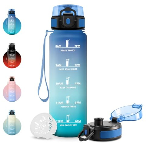 JAPORIA Trinkflasche 500ml, Trinkflasche Auslaufsicher, Kohlensäure Geeignet &BPA-frei, Wasserflasche mit Zeitmarkierung, Sportflasche für Gym, Camping, Wandern, Fahrrad, Yoga, Sport