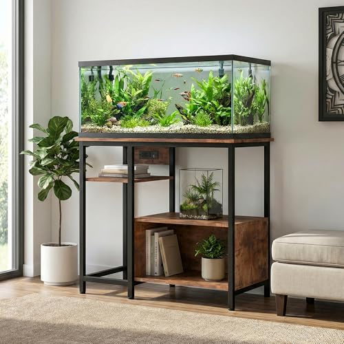 Garvee Aquarium Unterschrank 93x48x78cm, Stabiler Fischtank Schrank mit Steckdose, Industrieller Aquarienschrank für bis zu 40 Gallonen, Metallrahmen & Ablagefächer, Braun