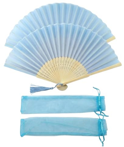 2 Pcs Silk Fabric Hand Fans 21cm Elegant Folding Fan for Girls Women Men Bamboo Handheld Fan with Tassel Portable Hollow Carved Bamboo Fan for Wedding Party Dance Home Decoration Cooling Gift (Blue)