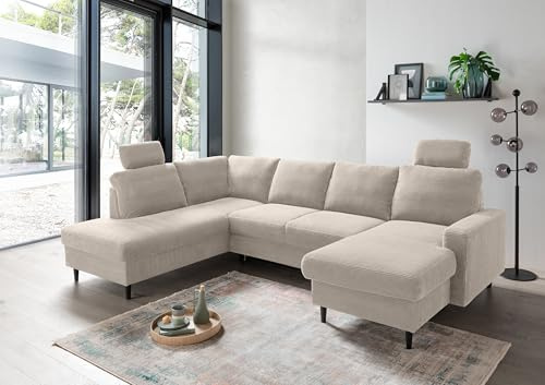 möbelando Wohnlandschaft Pris – Großes U-Form Sofa mit Ausziehfunktion, Stauraum & Cordstoff-Bezug (Beige, 305 cm) – Modernes Design, strapazierfähig & familienfreundlich