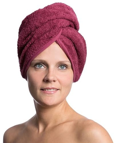 ZOLLNER Haarturban in brombeer - weiches Haarhandtuch mit Knopfverschluss - schnelltrocknend - waschbar bis 60°C - Baumwolle
