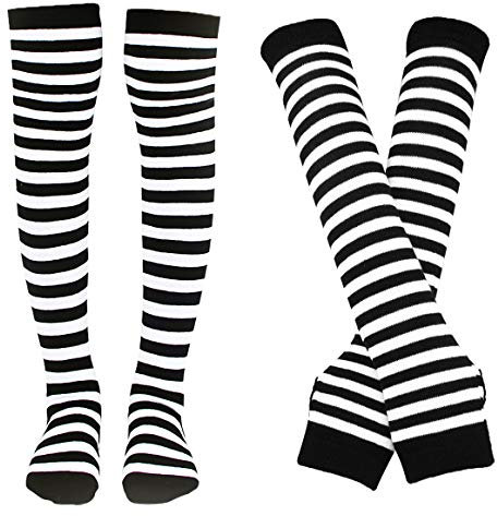 Bienvenu Damen Stretch-Socken, gestreift, kniehohe Strümpfe, lange Armwärmer, fingerlos, Fäustlinge, Weiß, Mehrfarbig, Einheitsgröße