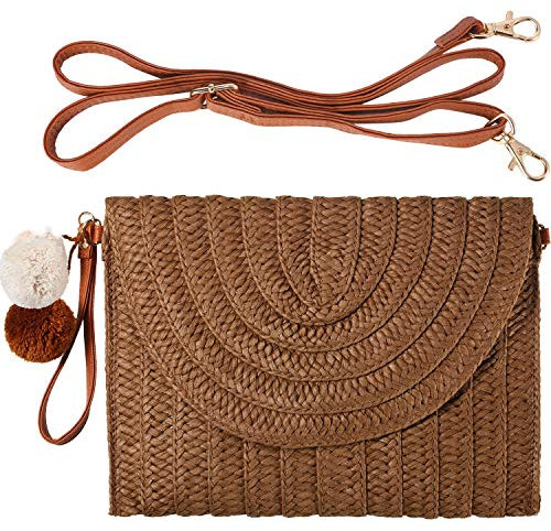 Frienda Borsa a tracolla in paglia, pochette in paglia, borsa a tracolla casual da spiaggia, borsa fatta a mano, da donna, portafoglio, Marrone scuro, 27 x 20 cm