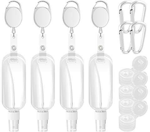 LinkIdea 1.69oz Portable Travel Plastic Bottles Set of 4, Empty Hand Sanitizer Bottles, Fine Mist Spray Bottle, Reusable Squeezable Leak Proof Toiletries Container with Keychain & Stretchable Lanyard